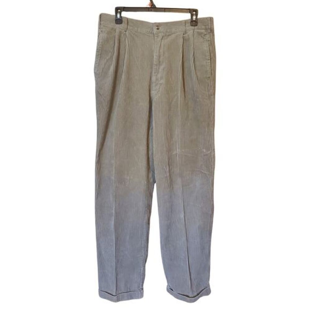 Gant‎ Corduroy Pants Men 34/34 Khaki Pleated Front Cuffed Casual Trousers